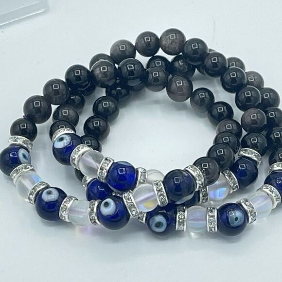 Crystal beaded stretch bracelet ONE NEW evil eye silver obsidian reiki meditatio - Picture 9 of 9